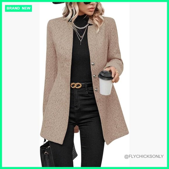 Wool Blend Herringbone Blazer Jacket Notch Collar Button Up